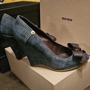 Miu Miu Denim peep toe Wedges 38(Sale🚩